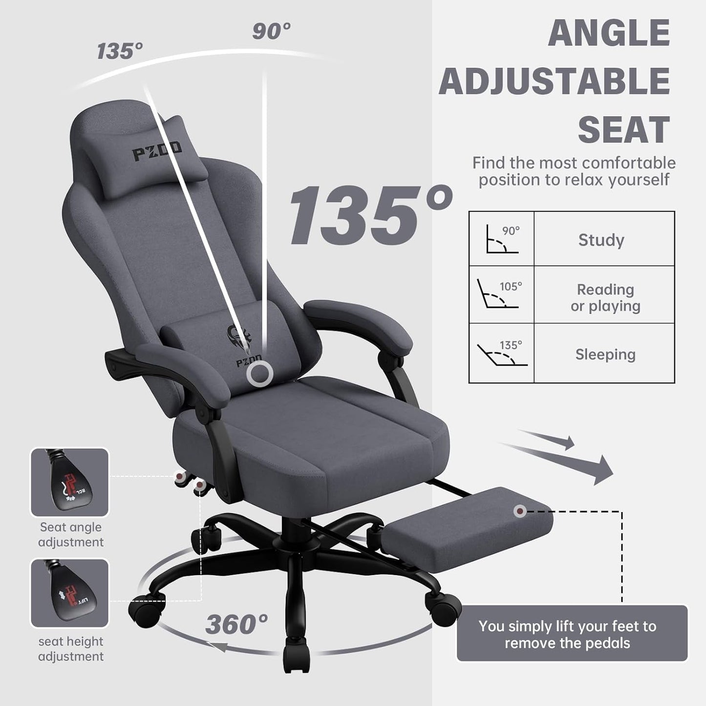 PZDO Ergonomic Gamer Chair Gaming Chair for Adults, Gaming Chair with footrest, Technical Fabric Office Chairs with Lumbar Support Height Adjustable, Teens, Gift, 150kg, Grey