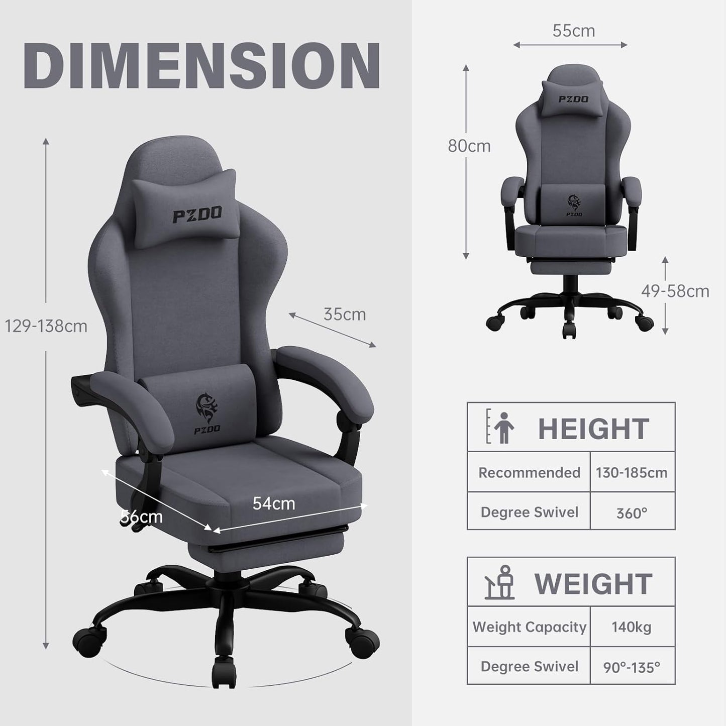 PZDO Ergonomic Gamer Chair Gaming Chair for Adults, Gaming Chair with footrest, Technical Fabric Office Chairs with Lumbar Support Height Adjustable, Teens, Gift, 150kg, Grey