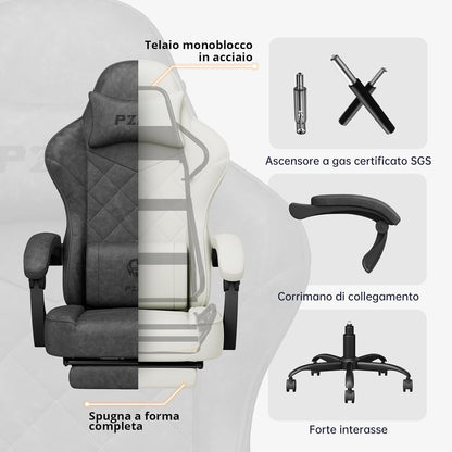 PZDO Ergonomic Gamer Chair Gaming Chair for Adults, Gaming Chair with footrest, Technical Fabric Office Chairs with Lumbar Support Height Adjustable, Teens, Gift, 150kg, Grey