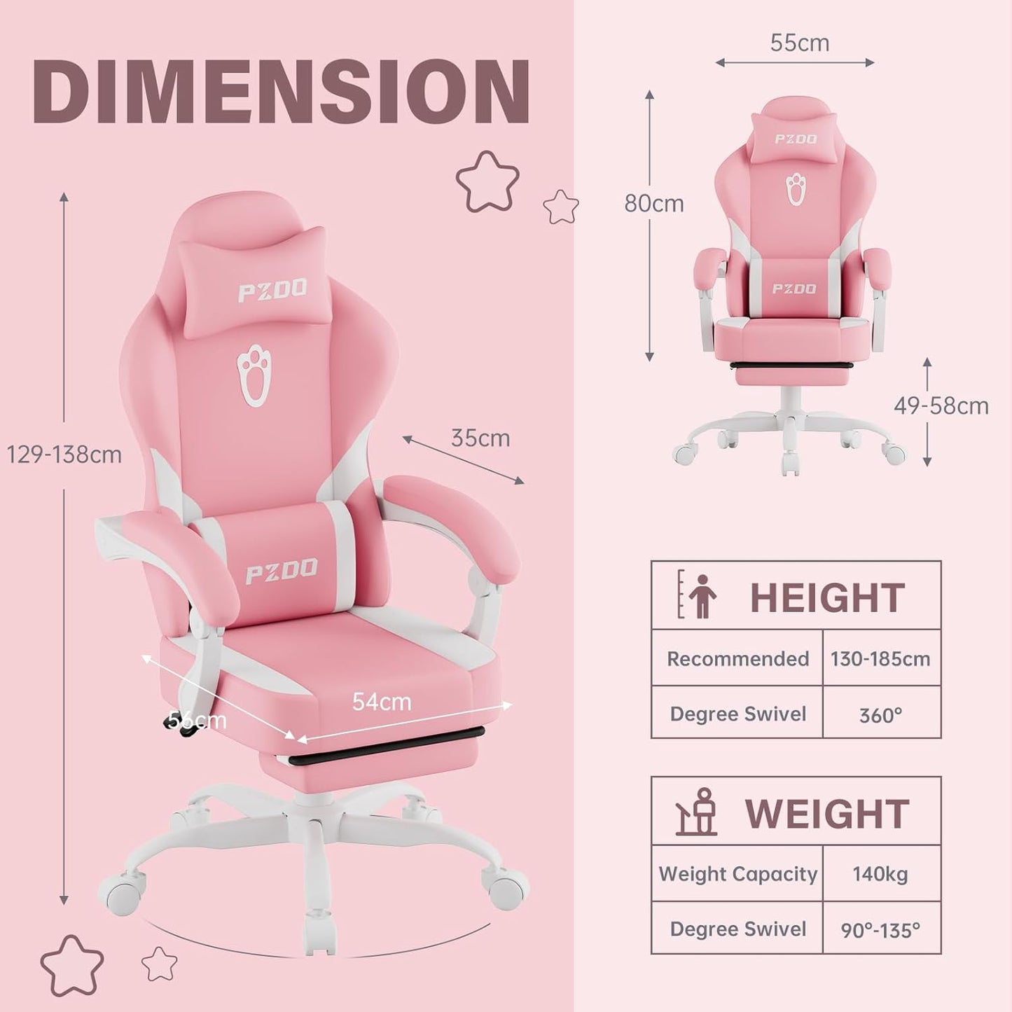 PZDO Ergonomic Gamer Chair Gaming Chair for Adults, Gaming Chair with footrest, Technical Fabric Office Chairs with Lumbar Support Height Adjustable, Teens, Gift, 150kg, Grey