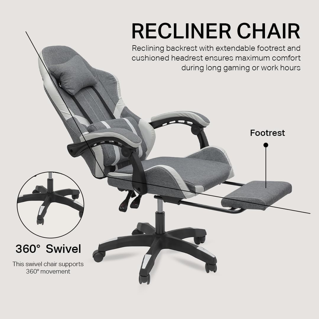 Multi Home Furniture Grey and White Gaming Chair with Back Support, Footrest, Lumbar Support, Headrest & Adjustable Height Swivel Chair – Leather Ergonomic Chair for Home, Best Gaming Chair for Gaming