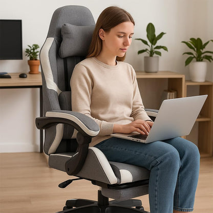 Multi Home Furniture Grey and White Gaming Chair with Back Support, Footrest, Lumbar Support, Headrest & Adjustable Height Swivel Chair – Leather Ergonomic Chair for Home, Best Gaming Chair for Gaming