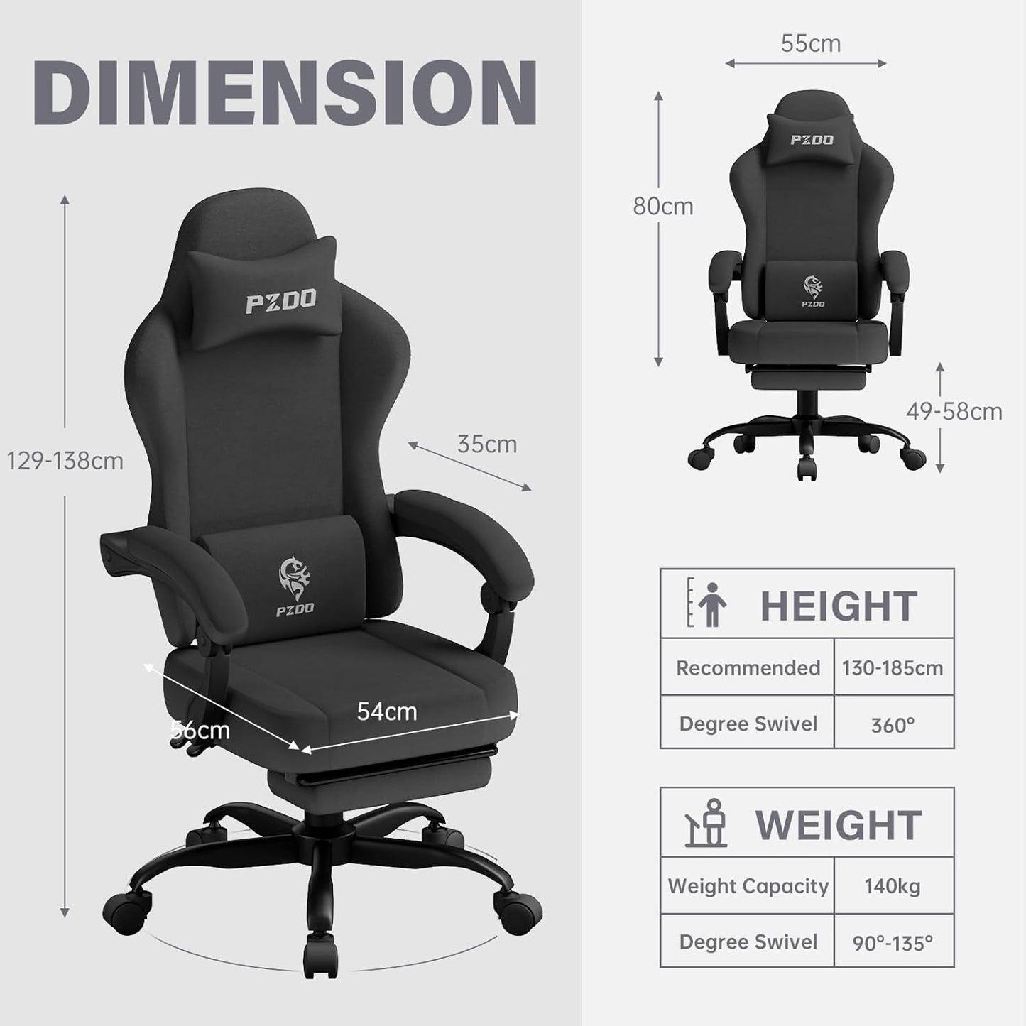 PZDO Ergonomic Gamer Chair Gaming Chair for Adults, Gaming Chair with footrest, Technical Fabric Office Chairs with Lumbar Support Height Adjustable, Teens, Gift, 150kg, Grey