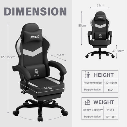 PZDO Ergonomic Gamer Chair Gaming Chair for Adults, Gaming Chair with footrest, Technical Fabric Office Chairs with Lumbar Support Height Adjustable, Teens, Gift, 150kg, Grey
