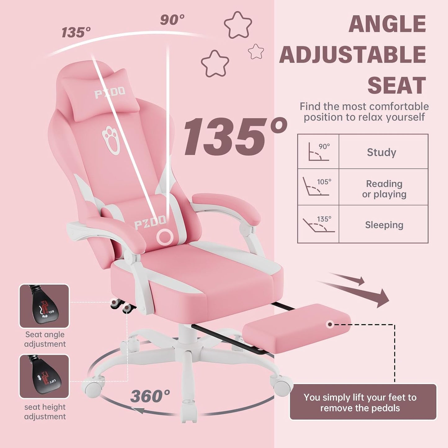 PZDO Ergonomic Gamer Chair Gaming Chair for Adults, Gaming Chair with footrest, Technical Fabric Office Chairs with Lumbar Support Height Adjustable, Teens, Gift, 150kg, Grey