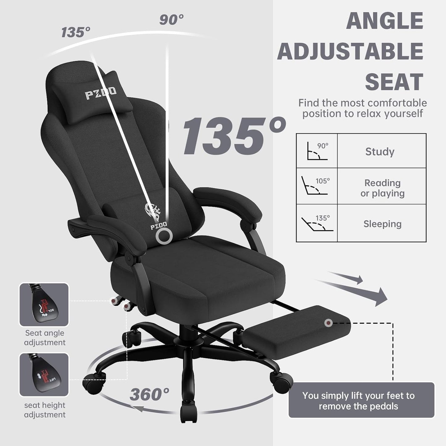 PZDO Ergonomic Gamer Chair Gaming Chair for Adults, Gaming Chair with footrest, Technical Fabric Office Chairs with Lumbar Support Height Adjustable, Teens, Gift, 150kg, Grey