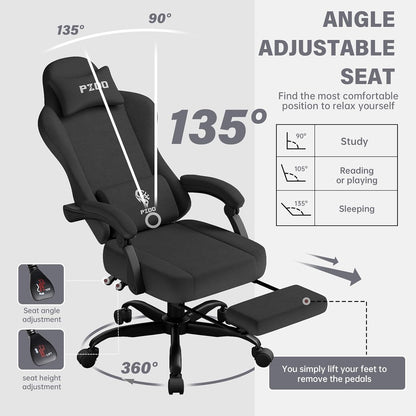 PZDO Ergonomic Gamer Chair Gaming Chair for Adults, Gaming Chair with footrest, Technical Fabric Office Chairs with Lumbar Support Height Adjustable, Teens, Gift, 150kg, Grey