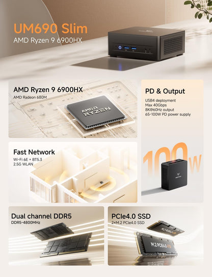 MINISFORUM UM690L Slim Mini PC, AMD Ryzen 9 6900HX Mini Computer (8C/16T, up to 4.9 GHz), 32 GB LPDDR5 and 1 TB PCIe 4.0 SSD, DP/HDMI 2.1/USB 4, 4 x USB Type-A, WiFi 6E/BT 5.3