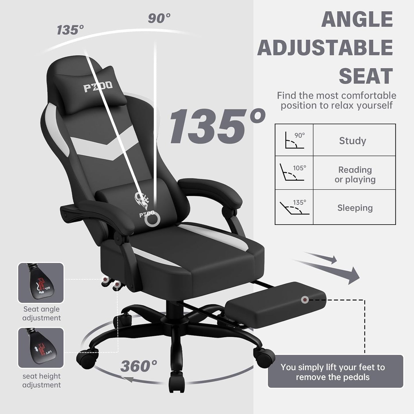 PZDO Ergonomic Gamer Chair Gaming Chair for Adults, Gaming Chair with footrest, Technical Fabric Office Chairs with Lumbar Support Height Adjustable, Teens, Gift, 150kg, Grey