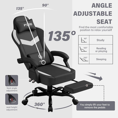 PZDO Ergonomic Gamer Chair Gaming Chair for Adults, Gaming Chair with footrest, Technical Fabric Office Chairs with Lumbar Support Height Adjustable, Teens, Gift, 150kg, Grey