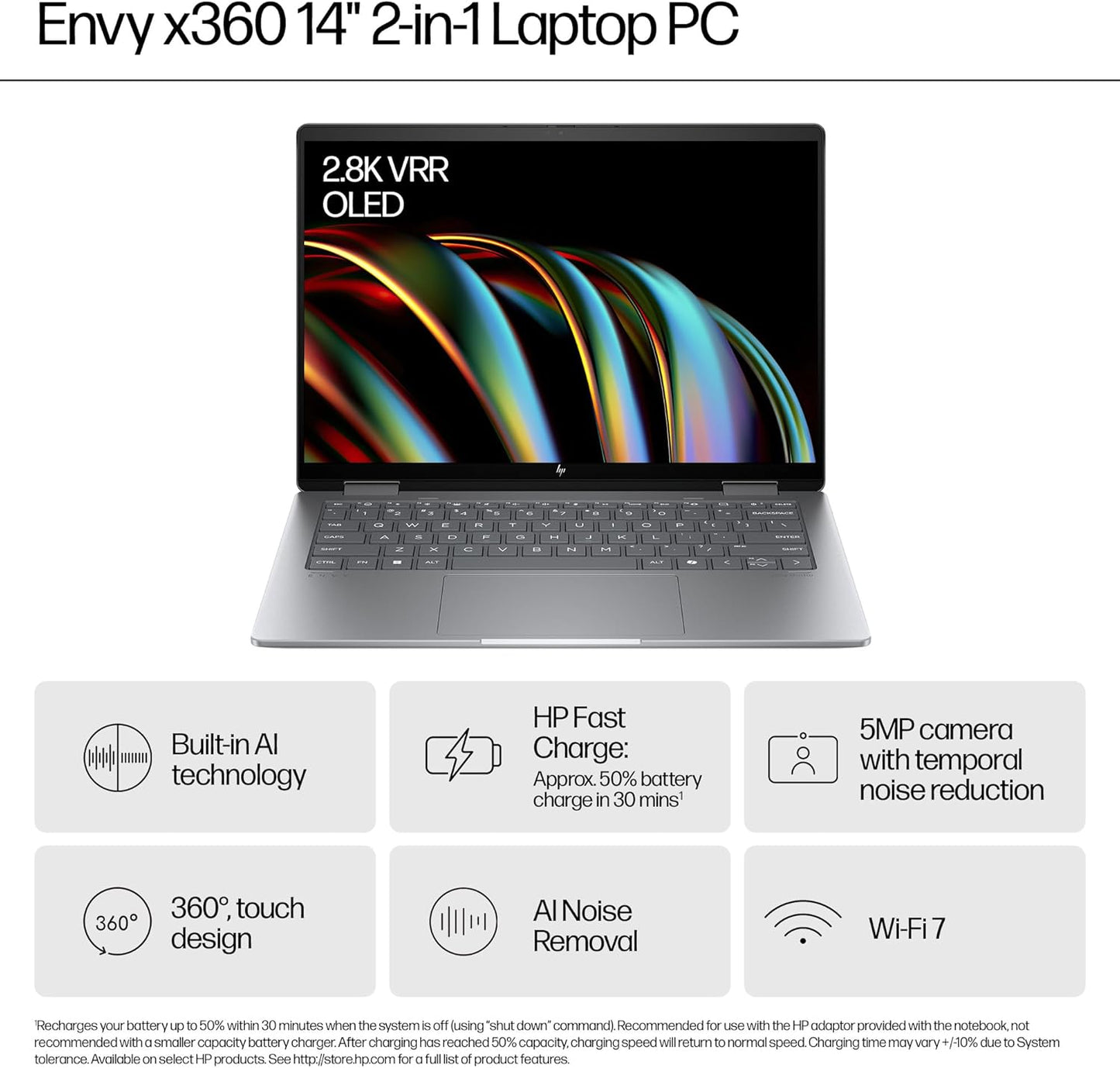 HP Envy x360 2-in-1 Laptop 14-fc0036ne, Intel Core Ultra 7-155U, 14" 3K OLED Touch Display, 16GB LPDDR5 RAM, 1TB SSD, Integrated Intel® Graphics, Eng/Ar KB, Win 11, Atmospheric blue [A0PV9EA]