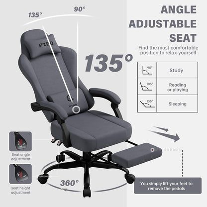 PZDO Ergonomic Gamer Chair Gaming Chair for Adults, Gaming Chair with footrest, Technical Fabric Office Chairs with Lumbar Support Height Adjustable, Teens, Gift, 150kg, Grey