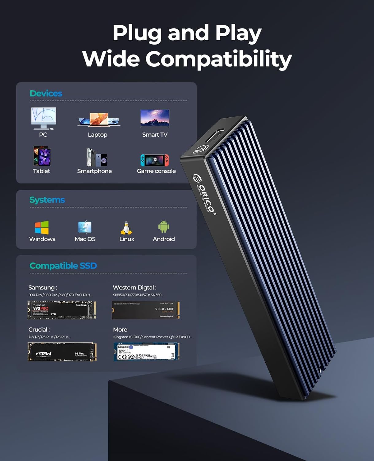 ORICO M.2 NVMe SATA SSD Enclosure, USB 3.1 Gen 2 (10 Gbps) to PCI-E SSD Case Support UASP for Size 2230/2242/2260/2280 (M.2 NVMe/SATA)