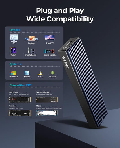 ORICO M.2 NVMe SATA SSD Enclosure, USB 3.1 Gen 2 (10 Gbps) to PCI-E SSD Case Support UASP for Size 2230/2242/2260/2280 (M.2 NVMe/SATA)