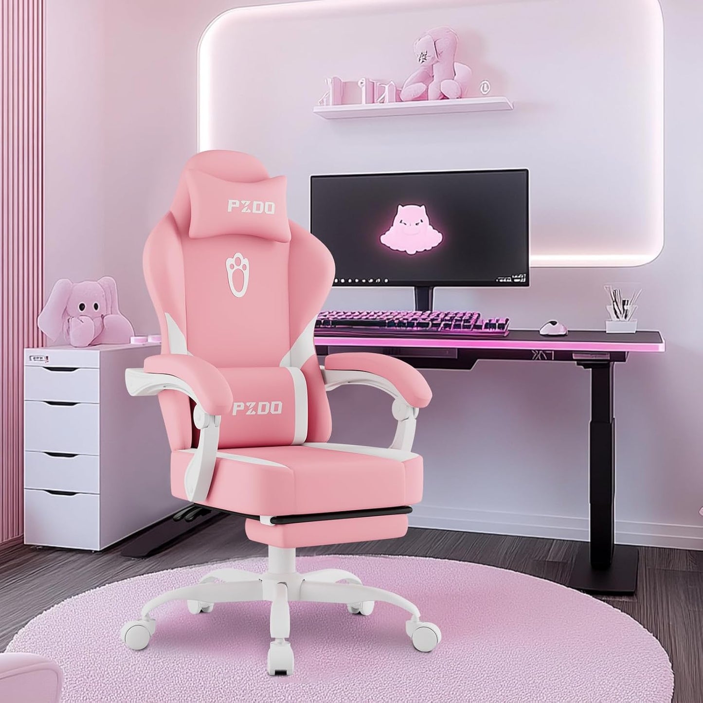 PZDO Ergonomic Gamer Chair Gaming Chair for Adults, Gaming Chair with footrest, Technical Fabric Office Chairs with Lumbar Support Height Adjustable, Teens, Gift, 150kg, Grey