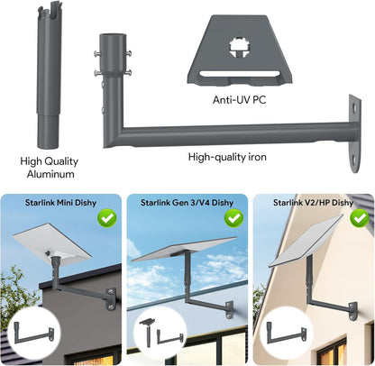 XLTTYWL Starlink Gen 3 Mount, 360° Adjustable V3 Starlink Wall Mount, Star Link Gen3 Pole Mounting Kit with Starlinks Gen 3 Pipe Adapter for Gen3/Gen 2/Mini Starlink Internet Kit Satellite