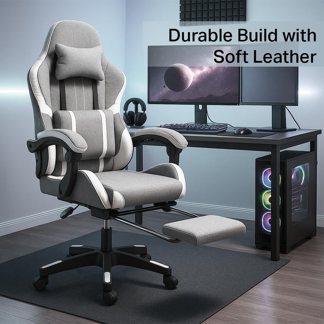 Multi Home Furniture Grey and White Gaming Chair with Back Support, Footrest, Lumbar Support, Headrest & Adjustable Height Swivel Chair – Leather Ergonomic Chair for Home, Best Gaming Chair for Gaming