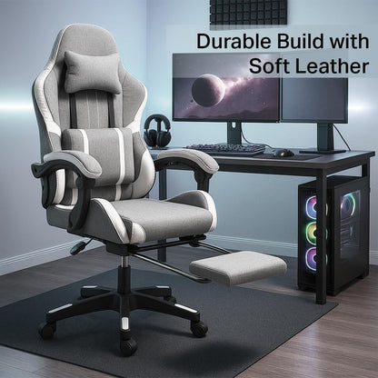 Multi Home Furniture Grey and White Gaming Chair with Back Support, Footrest, Lumbar Support, Headrest & Adjustable Height Swivel Chair – Leather Ergonomic Chair for Home, Best Gaming Chair for Gaming