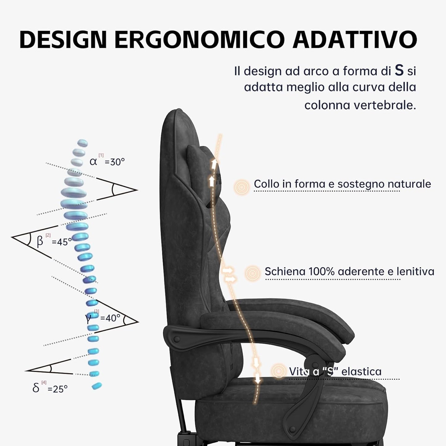 PZDO Ergonomic Gamer Chair Gaming Chair for Adults, Gaming Chair with footrest, Technical Fabric Office Chairs with Lumbar Support Height Adjustable, Teens, Gift, 150kg, Grey