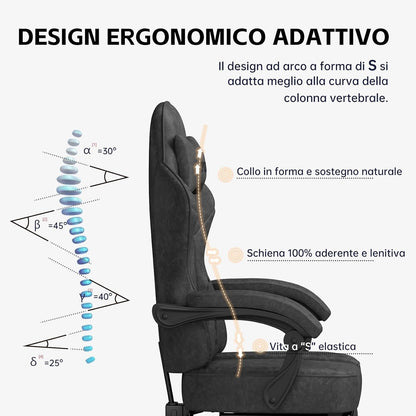 PZDO Ergonomic Gamer Chair Gaming Chair for Adults, Gaming Chair with footrest, Technical Fabric Office Chairs with Lumbar Support Height Adjustable, Teens, Gift, 150kg, Grey