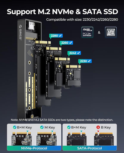 ORICO M.2 NVMe SATA SSD Enclosure, USB 3.1 Gen 2 (10 Gbps) to PCI-E SSD Case Support UASP for Size 2230/2242/2260/2280 (M.2 NVMe/SATA)