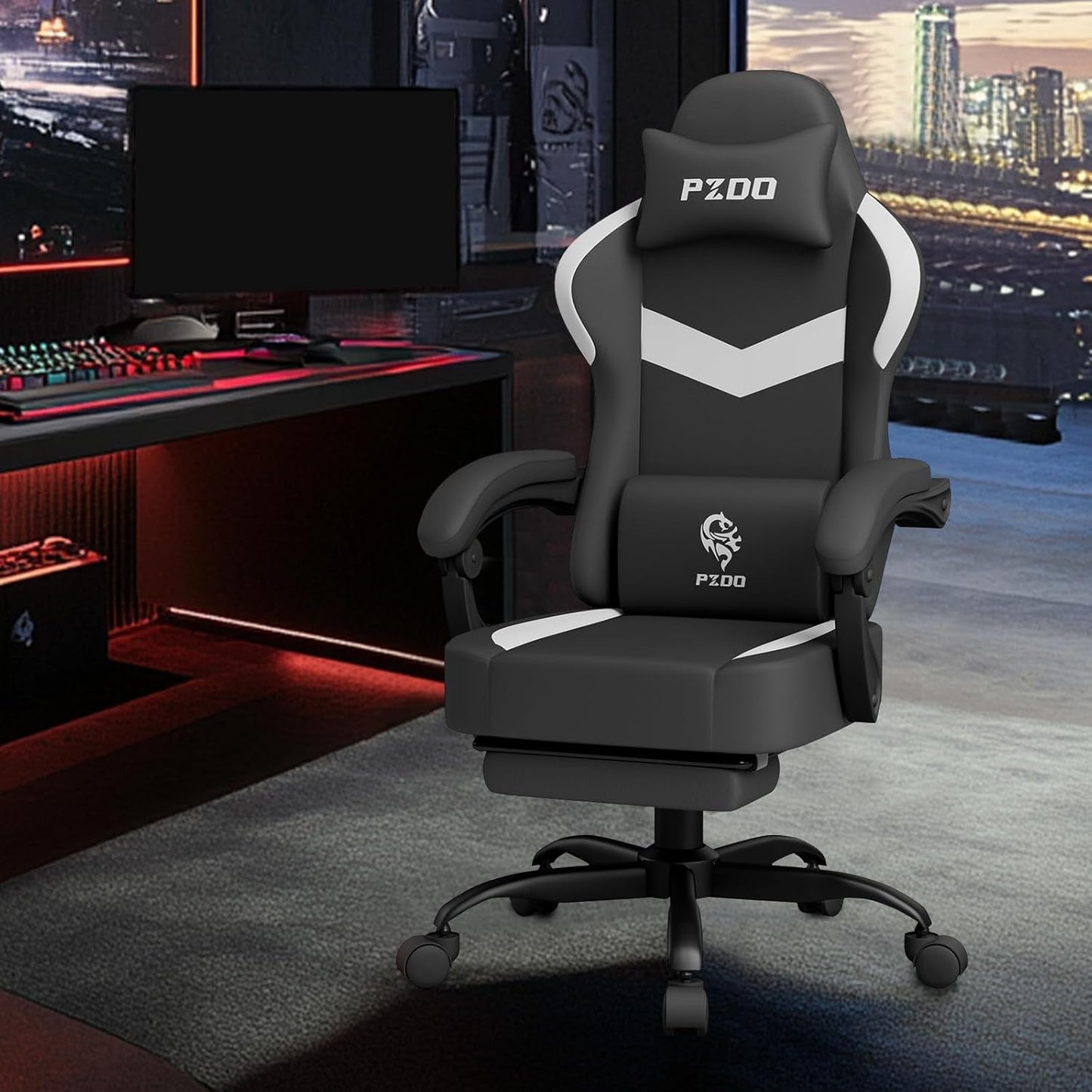 PZDO Ergonomic Gamer Chair Gaming Chair for Adults, Gaming Chair with footrest, Technical Fabric Office Chairs with Lumbar Support Height Adjustable, Teens, Gift, 150kg, Grey